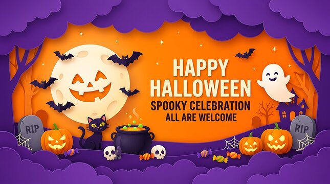 Paper craft illustration featuring halloween symbols with pumpkins ghosts and a cat against an orange moon background with halloween motifs