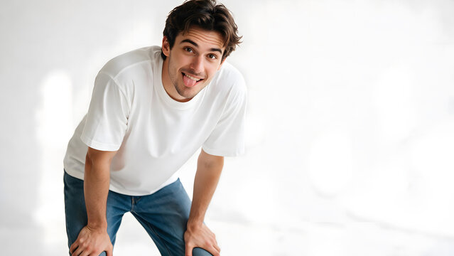 Young man in white t-shirt leaning forward against a white background with copy space