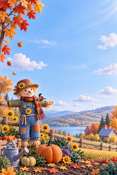 Knitted autumn garden scarecrow bird pumpkin. Featuring rich yarn textures, soft wool details, warm fall colors and a peaceful handcrafted countryside atmosphere.