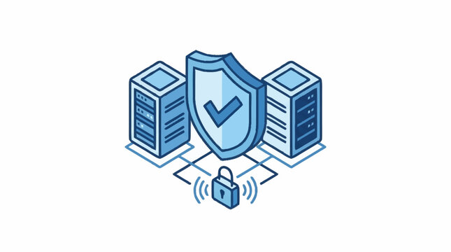 Isometric illustration of secure server infrastructure with shield and padlock.