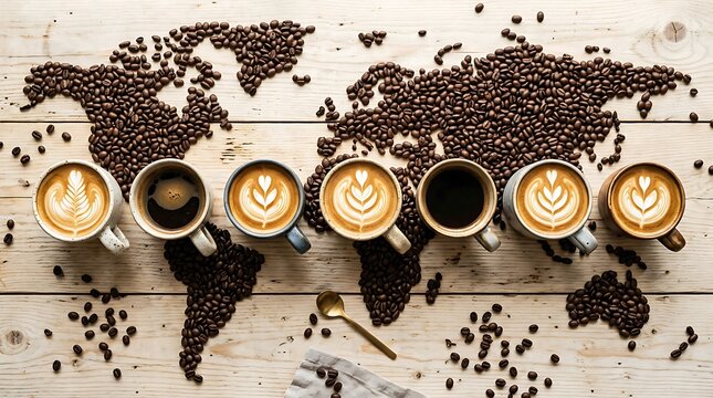 Seven ceramic cups filled with coffee arranged on a wooden table with roasted bean world map with surface decorated roasted black coffee placed