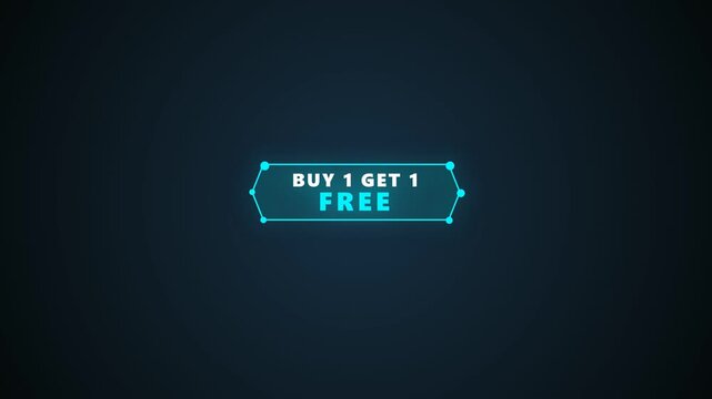Buy 1 Get 1 Free promotional sale text animation with a futuristic digital design banner on dark background