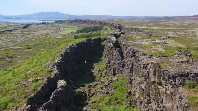 Dramatic aerial view of tectonic rift valley, Iceland's famous geological wonder.