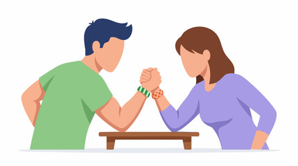 Fototapeta premium Man and woman arm wrestling on a table, illustration of gender competition