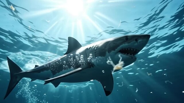 Great white shark swimming through deep blue ocean water
