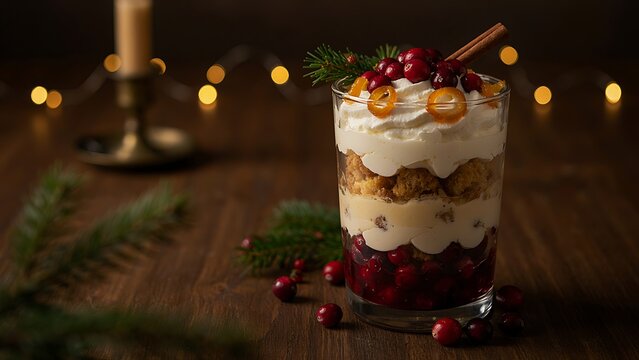 A festive holiday cranberry trifle dessert with whipped cream and cinnamon stick on a rustic wooden table, created with generative AI.
