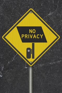 Surveillance camera icon with No Privacy text yellow warning sign for license plate reader LPR