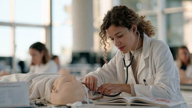 Twenty-something medical student practicing carotid auscultation with a stethoscope on a simulation mannequin, skills lab setting, clinical anatomy guide open beside the practice