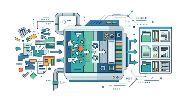 Financial Management Data processing machine vector illustration, automated information management system, digital file organization and workflow automation isolated on White Background vector
