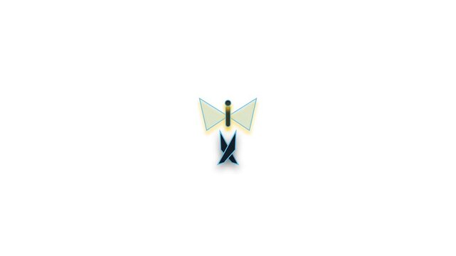Premium 4K geometric butterfly emerging and unfolding wings from a geometric chrysalis pod, action-reaction-consequence loop, seamless 60fps canvas.
