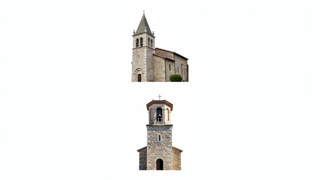 Two old stone churches isolated on white background. Perfect for travel and historical architecture concepts.