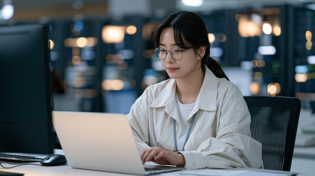 Young South Korean storage analyst inputting cartridge serial numbers into an asset management system, wall of LTO tape racks behind her, enterprise backup inventory control, data