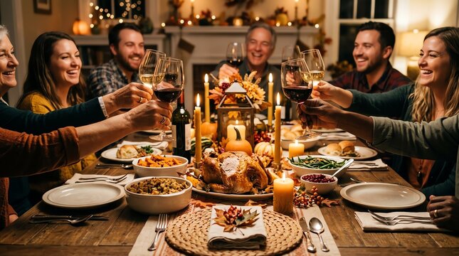 Family and friends toasting with wine and water glasses during a festive Thanksgiving dinner