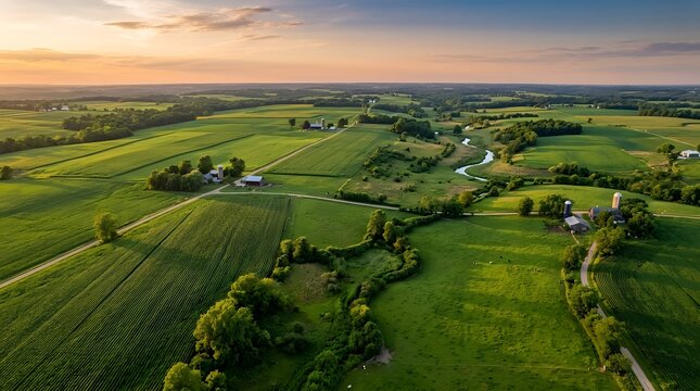 An expansive aerial perspective captures vibrant green agricultural fields  a meandering river  and rural farm structures bathed in the warm glow of a setting sun across rolling countryside terrain