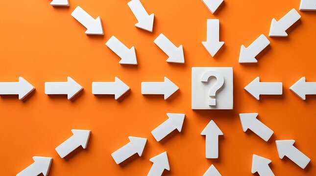 Multiple white directional arrows converge around a square with a question mark  set against a solid orange surface  illustrating choices and ambiguity