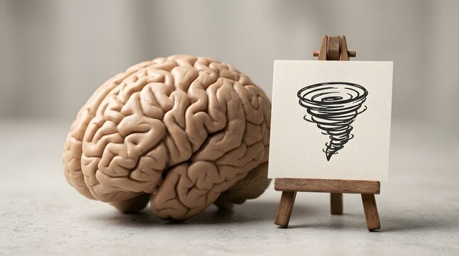 A detailed anatomical model of a human brain is positioned next to a miniature wooden easel holding a simple black ink drawing of a swirling tornado on textured paper