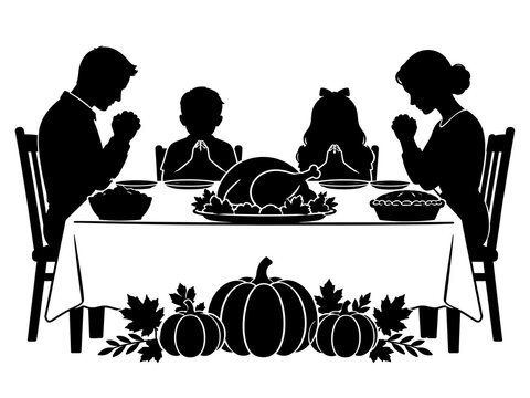 Family of four with children sharing a Thanksgiving meal around a table with seasonal decorations
