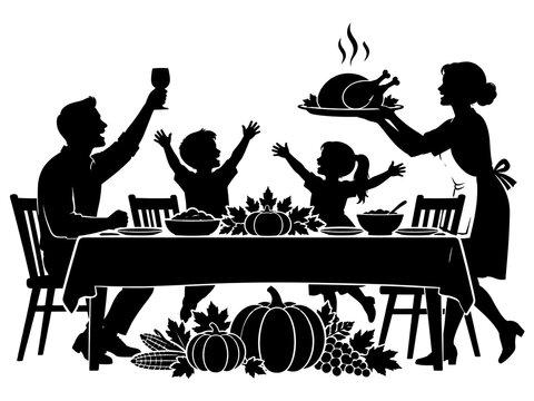 Family celebrating thanksgiving dinner around a festive table with holiday decorations