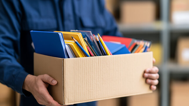 A person hold cardboard box filled with school supply, book, pencil, and stationery item for donation or relocation in storage room