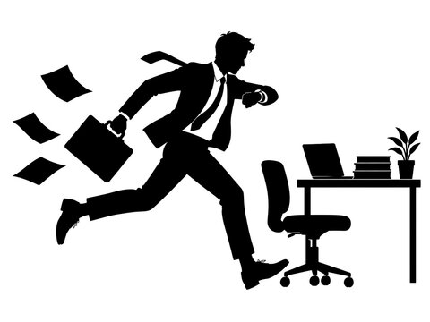Busy professional man running with briefcase and documents in modern office workspace