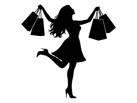 Confident woman holding shopping bags celebrating successful retail purchase with dynamic pose
