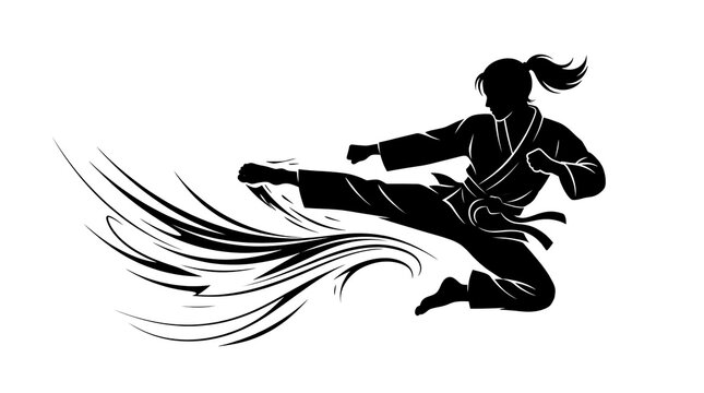 Martial arts fighter silhouette performing a powerful side kick with dynamic motion lines