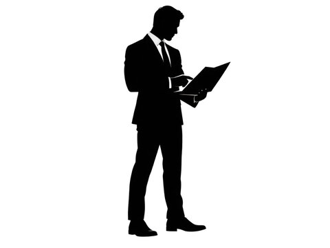 Professional man in suit holding tablet device for business presentation with clean copy space