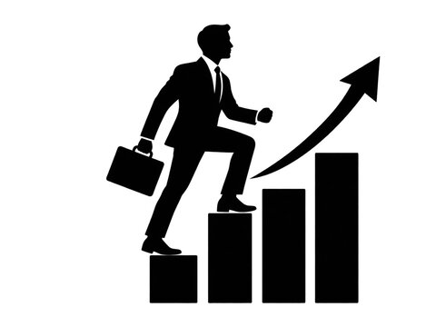 Business professional climbing upward staircase with briefcase in corporate growth illustration
