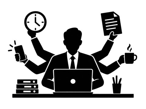 Busy professional multitasking with digital devices and paperwork at modern workspace