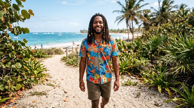 Man with dreadlocks wearing a colorful floral shirt walks on a sandy beach path towards the ocean