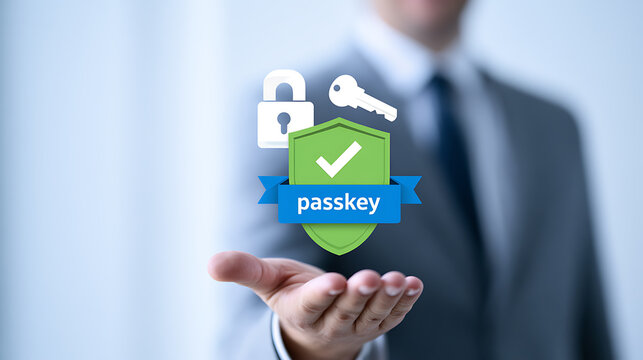 A business person show modern passkey cybersecurity concept with digital shield, lock and key icon floating on hand in corporate office