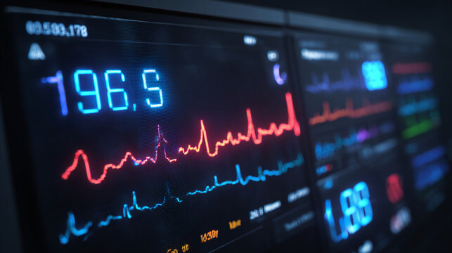 Digital medical monitor showing vital signs with glowing blue and red lines in dark hospital setting