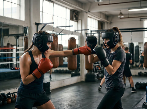 Two professional female boxers wearing protective headgear and gloves sparring inside a modern industrial style boxing gym