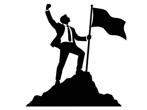 Business professional raising flag on mountain peak with transparent background