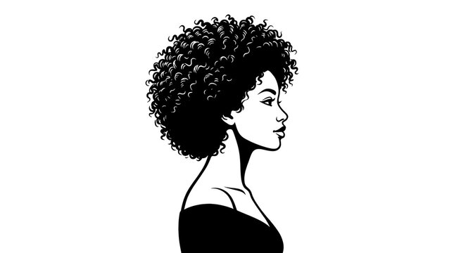 Black and white profile illustration of a beautiful woman with natural curly afro hairstyle.