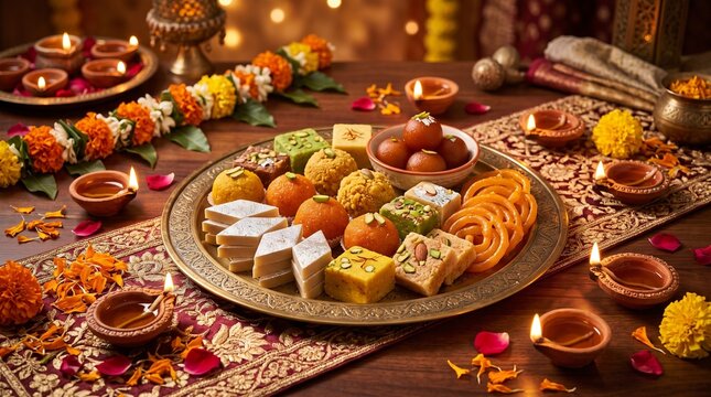 Traditional Indian sweets and diyas on a festive platter for Diwali