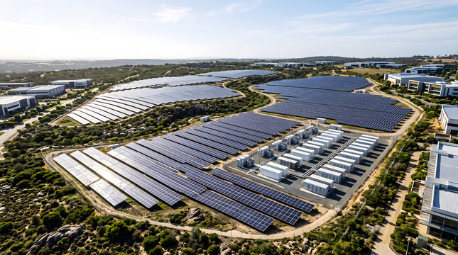 Aerial view of off grid solar farm with containerized battery storage system photo, ground mounted photovoltaic power plant supplying industrial facility in remote terrain with BESS unit.