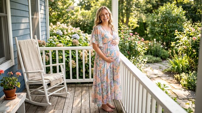 Smiling pregnant woman in floral dress standing on porch with rocking chair and garden background
