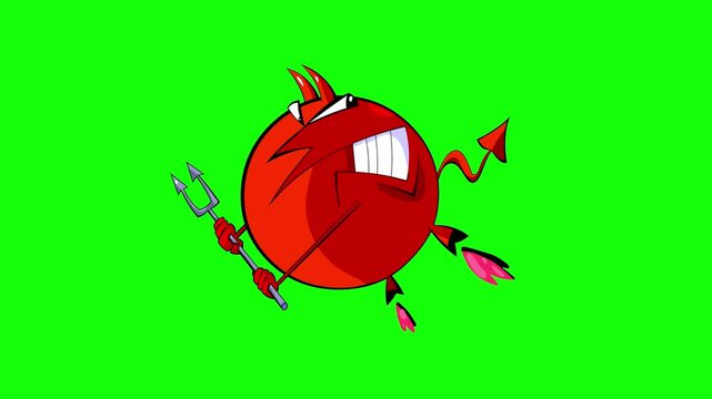 Devil rocket isolated green screen background animation. Funny cartoon bad creature character animation greenbox flying wit hell fire and fork. Crazy shaking cartoon animated character.