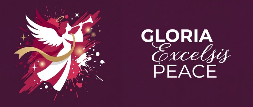 Christmas angel herald blowing trumpet vector background banner with Gloria Excelsis Peace text, red paint splash design, holiday nativity card concept and copy space.