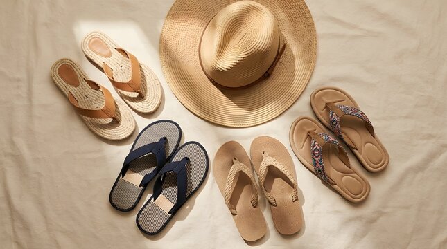 Multiple styles of sandals including woven  braided  patterned  and striped designs alongside a wide brimmed straw hat laid out on beige fabric with sunlight casting gentle shadows