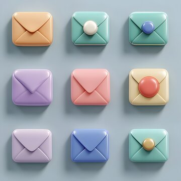 Pastel 3D Envelope App Icons in Grid with Notification Badges