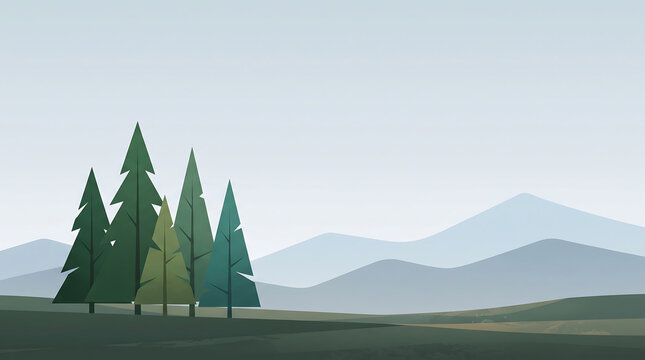 Vector illustration of a serene pine forest landscape with rolling mountains in the distance