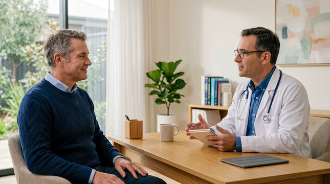 Mature male patient sitting in comfortable armchair during consultation with doctor in well-lit medical office, talking and discussing health care.