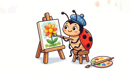 Fototapeta premium Cute ladybug artist painting a flower on a canvas sitting on a small wooden