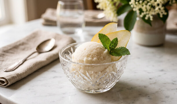 Authentic elderflower pear sorbet served in an elegant crystal bowl garnished with thin pear slices and fresh mint,
