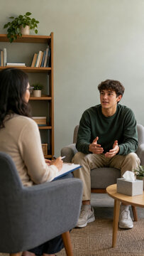 Young man is talking to therapist while sitting in comfortable armchair in calm, modern office setting with bookshelves.