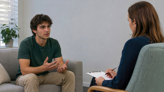 Young man sits on couch and talks to female therapist who is taking notes on clipboard during private counseling session in bright office.