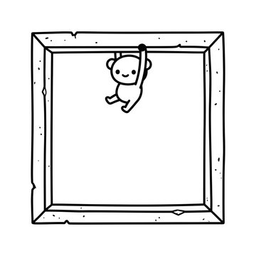 Cute monkey hanging from a wooden frame line art illustration