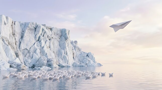 Numerous white paper boats drift across tranquil waters beside an immense  textured ice cliff under a pale sky where one paper plane soars